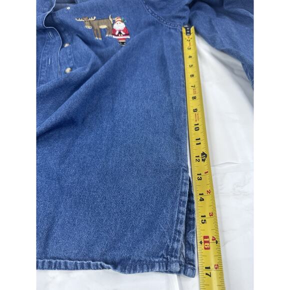 Vintage Denim Shirt Womens Large Santa Reindeer Christmas Embroidered 90s - Picture 6 of 7